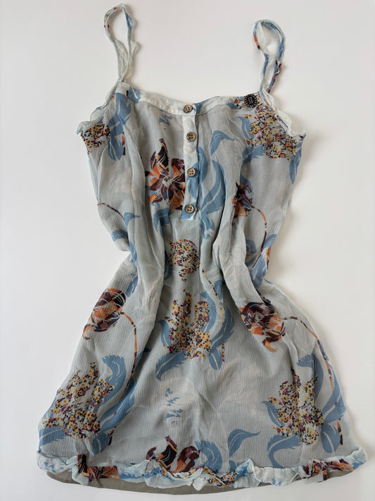 Galliano 2000s blue silk floral ruffle mini dress M