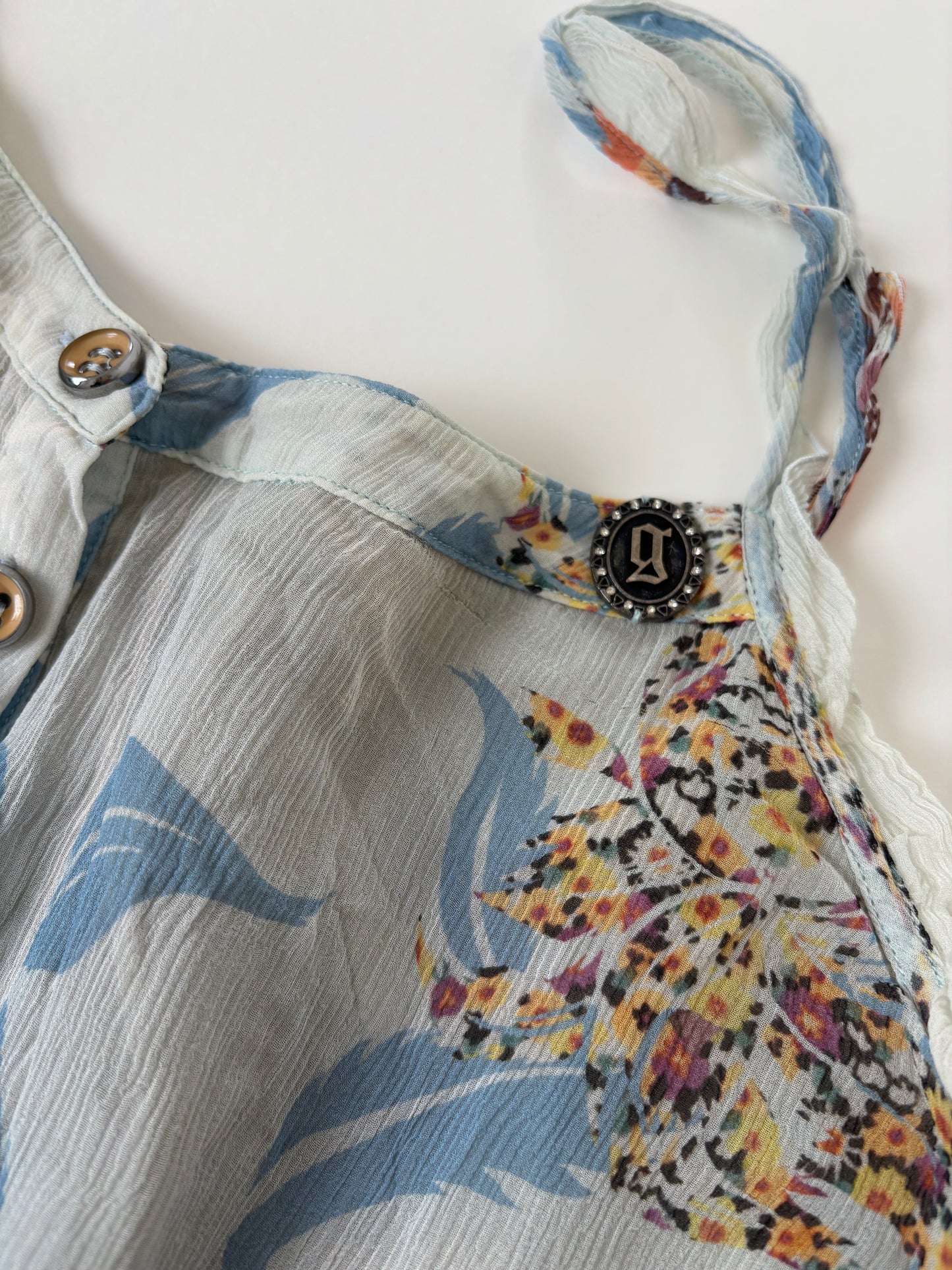 Galliano 2000s blue silk floral ruffle mini dress M