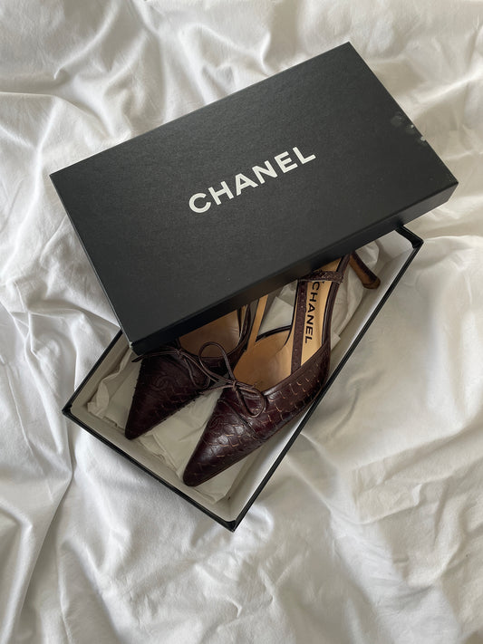 Vintage Chanel maroon brown python CC logo bow sling backs