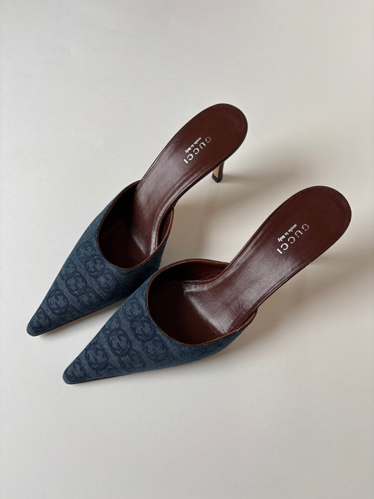 Gucci by Tom Ford 2000s denim interlocking monogram mules (EU 37 / US 6.5)