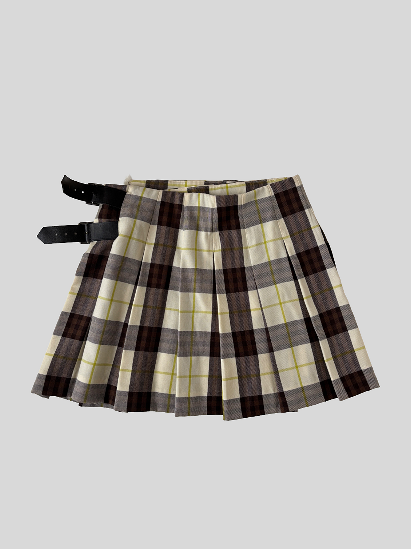 Burberry Brit 2000s beige tartan wool mini skirt with leather straps  XS-S
