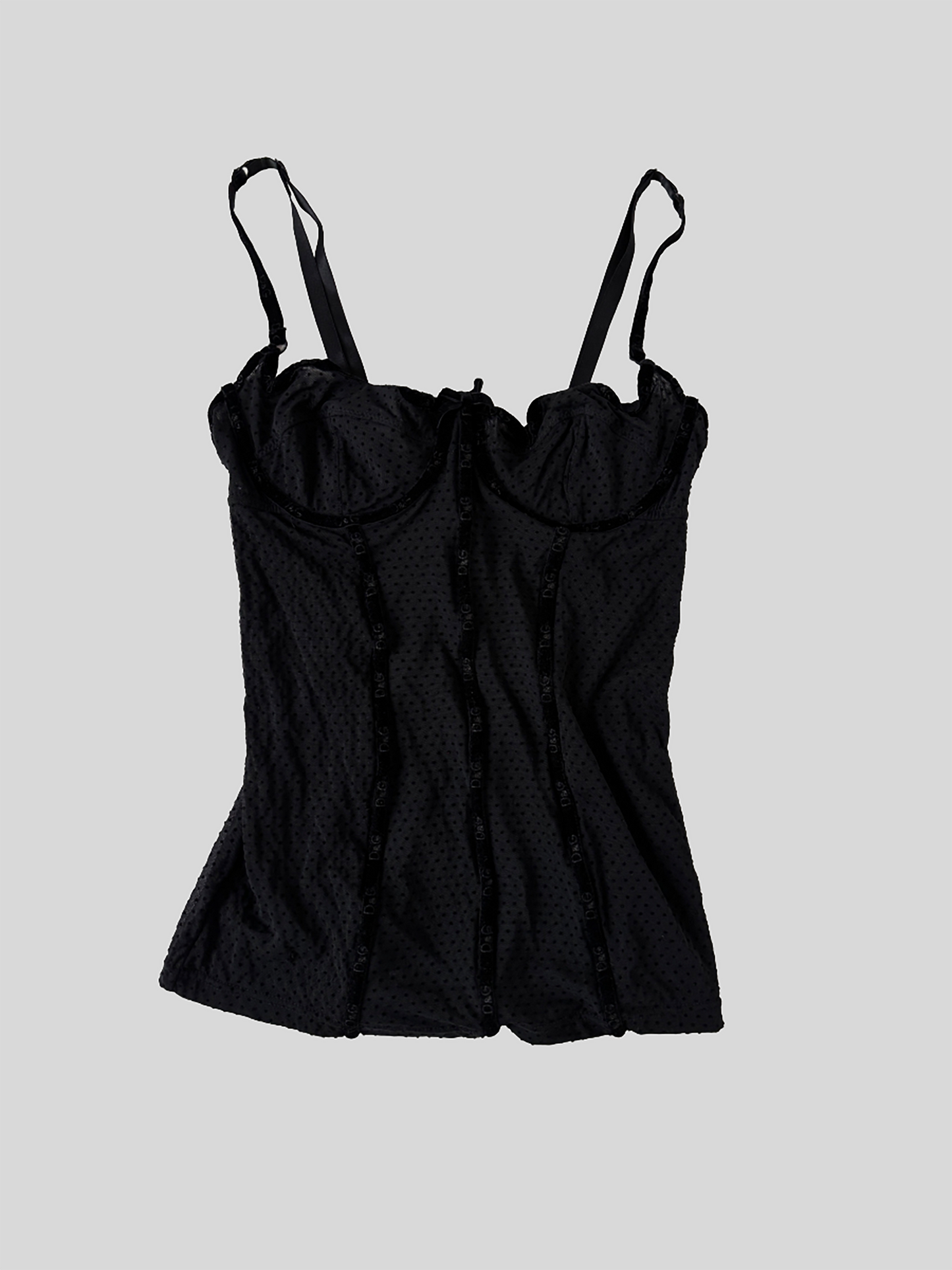Vintage Dolce &amp; Gabbana 2000s black sheer corset top with tiny dots and velvet details.