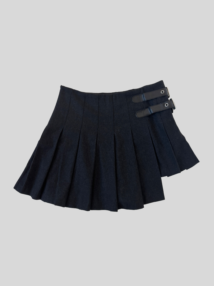 Vintage Dolce &amp; Gabbana S/S 2003 asymmetrical dark grey wool skirt with adjustable leather straps. Can be worn in two different ways