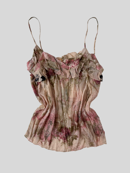Galliano 2000s pink silk ruffle print top M