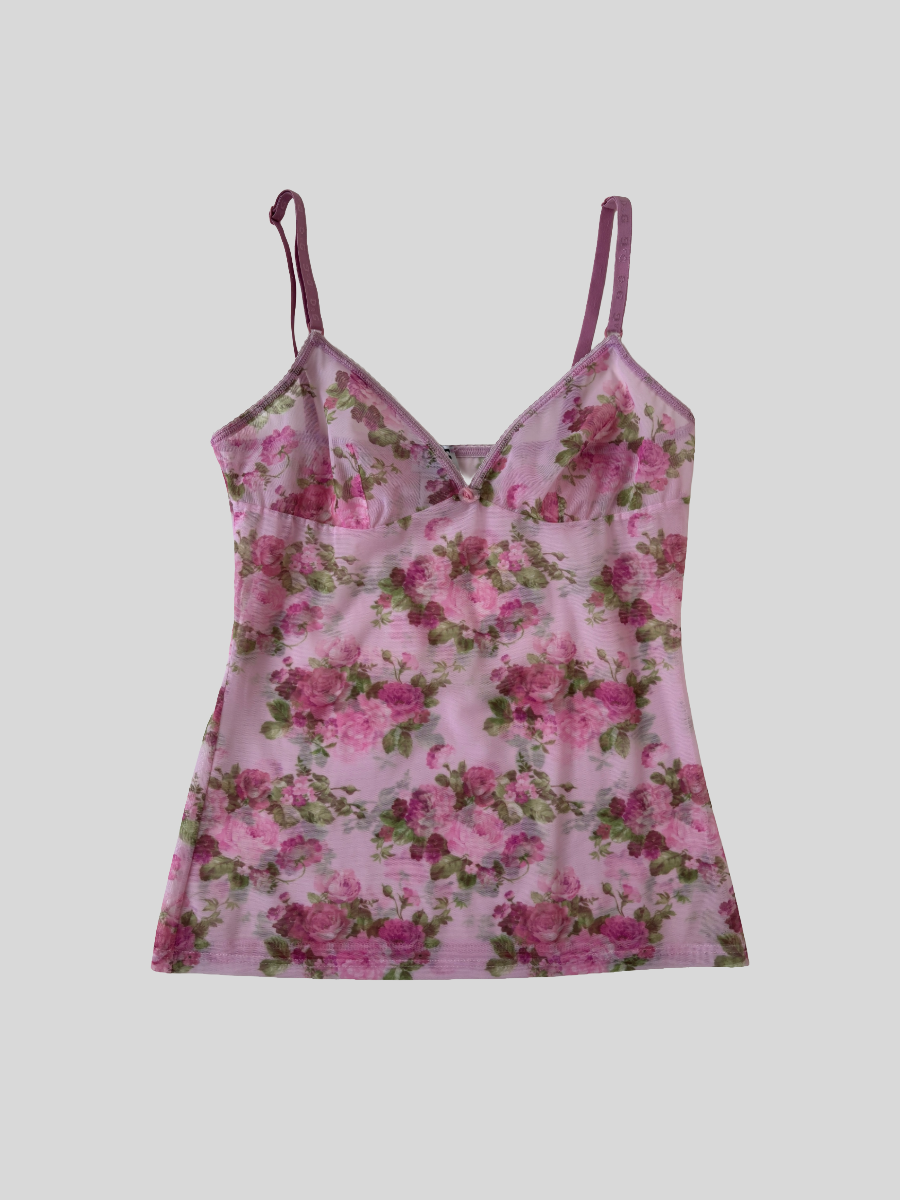 Dolce & Gabbana 2000s pink sheer roses mesh top XS-S