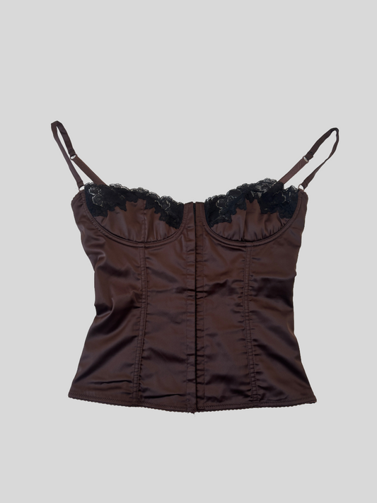 Vintage Dolce &amp; Gabbana 2000s dark brown satin bra corset top with black lace details