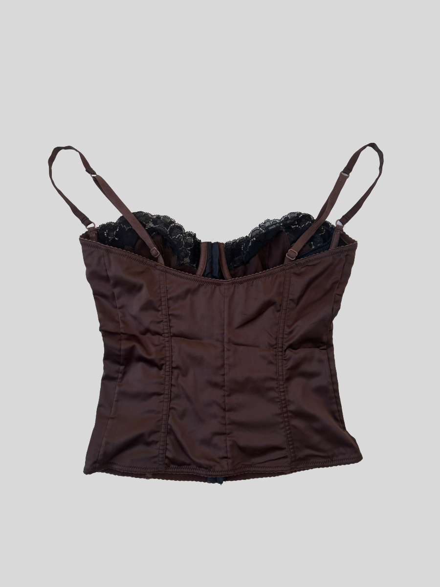 Vintage Dolce &amp; Gabbana 2000s dark brown satin bra corset top with black lace details