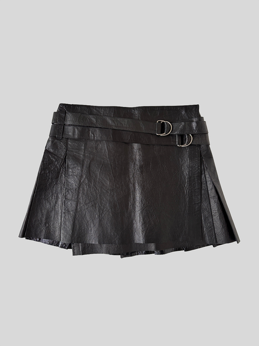 Vintage Burberry Brit crinkly leather mini skirt with adjustable leather straps.